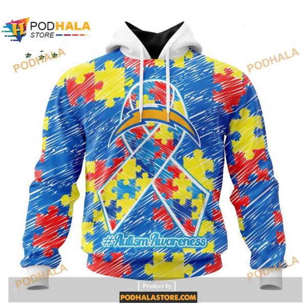 Custom Los Angeles Chargers Special Autism Puzzle Game Stripes Design NFL Hoodie 3D