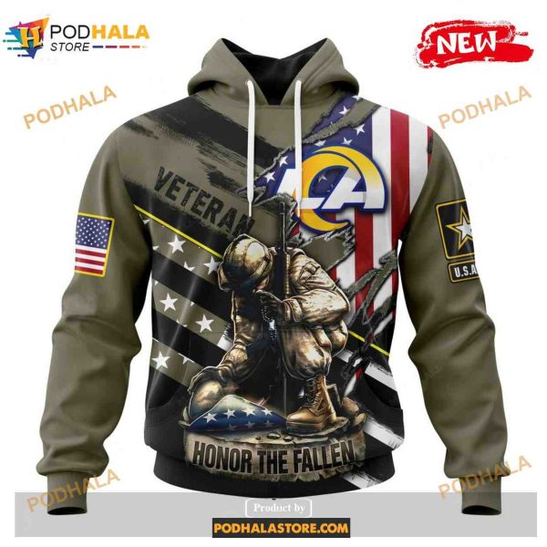 Custom Los Angeles Rams Honor Veterans Kneeling Soldier Design Shirt NFL Hoodie 3D