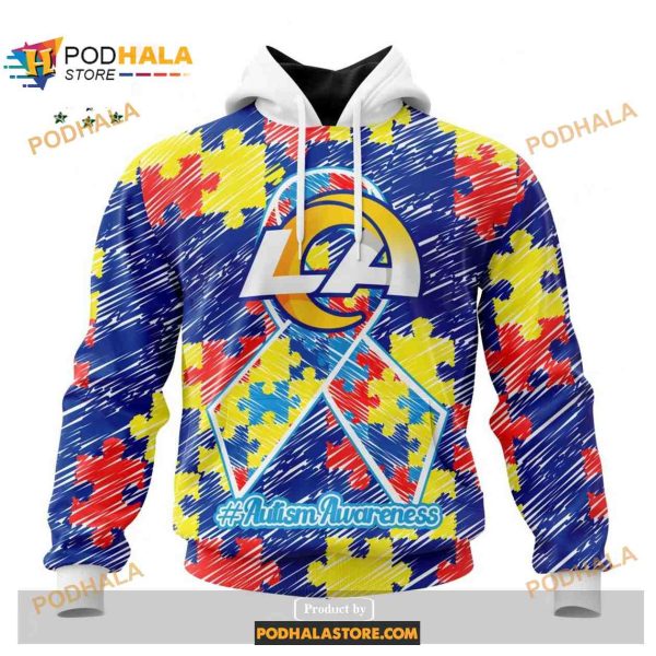 Custom Los Angeles Rams Special Autism Puzzle Game Stripes Design NFL Hoodie 3D