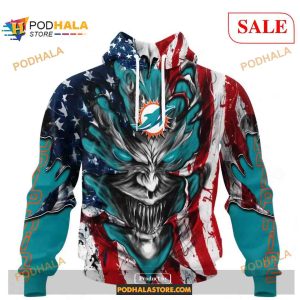 Custom Miami Dolphins Demon Face American Flag Shirt NFL Hoodie 3D