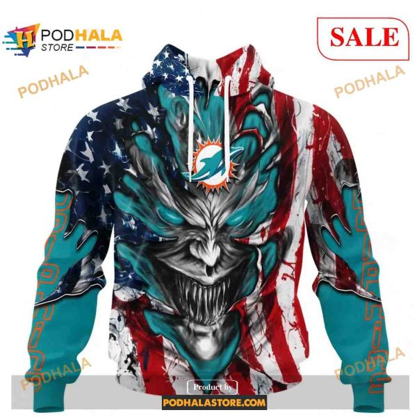 Custom Miami Dolphins Demon Face American Flag Shirt NFL Hoodie 3D