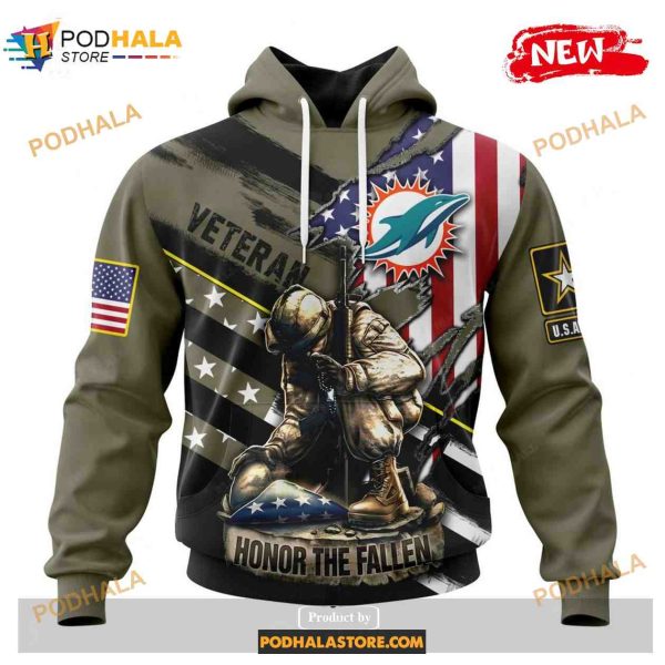 Custom Miami Dolphins Honor Veterans Kneeling Soldier Design Shirt NFL Hoodie 3D