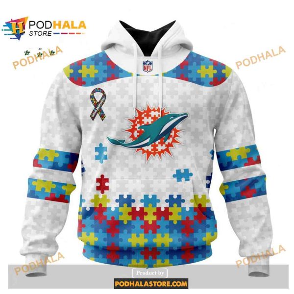 Custom Miami Dolphins Special Autism Puzzle Game White NFL Hoodie 3D