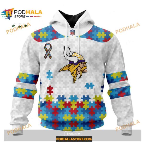 Custom Minnesota Vikings Special Autism Puzzle Game White NFL Hoodie 3D