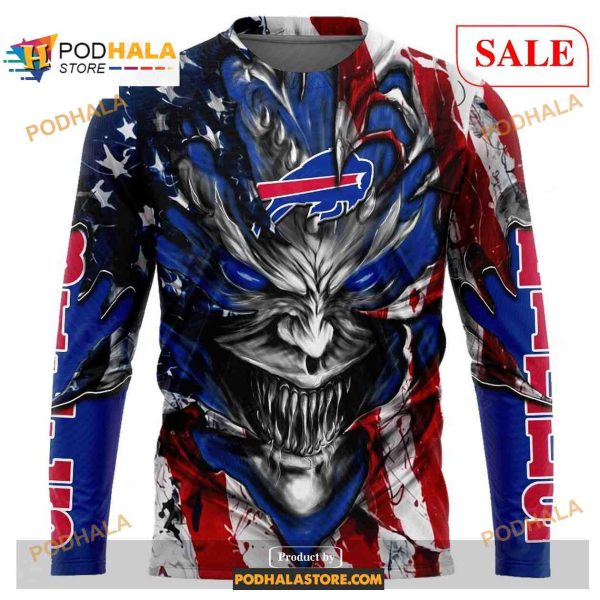 Custom NFL Buffalo Bills Demon Face American Flag Shirt Hoodie 3D