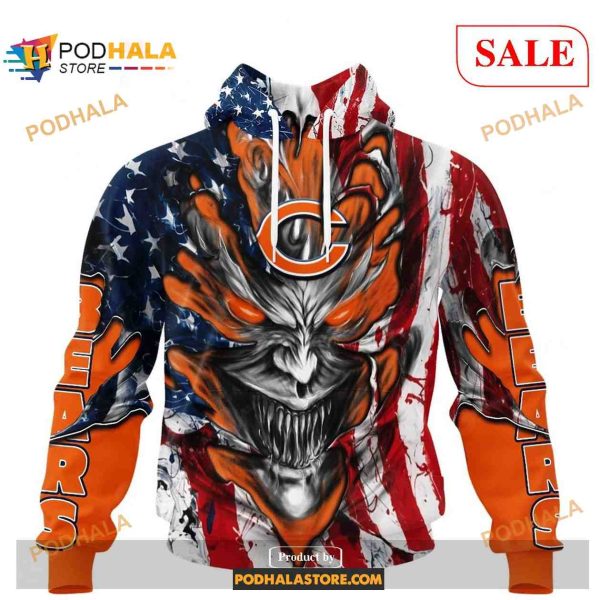 Custom NFL Chicago Bears Demon Face American Flag Shirt Hoodie 3D