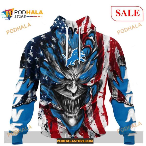 Custom NFL Detroit Lions Demon Face American Flag Shirt Hoodie 3D