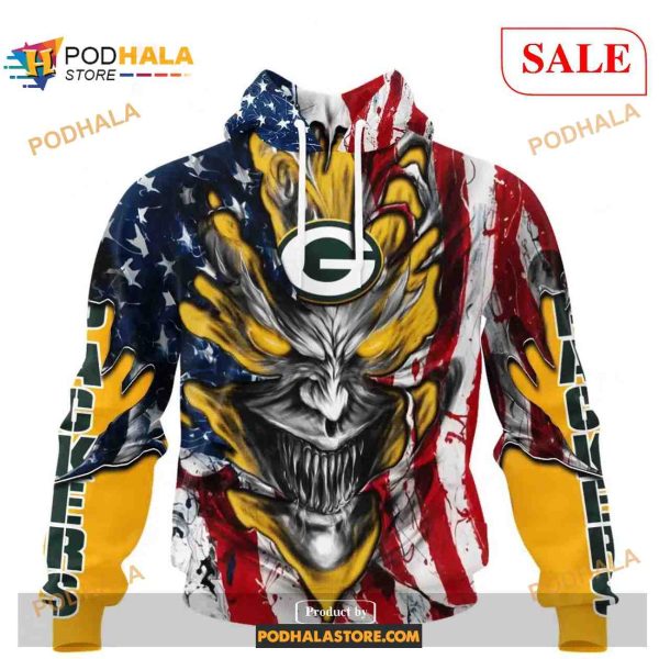 Custom NFL Green Bay Packers Demon Face American Flag Shirt Hoodie 3D