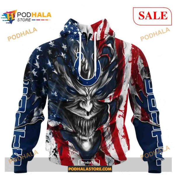 Custom NFL Indianapolis Colts Demon Face American Flag Shirt Hoodie 3D