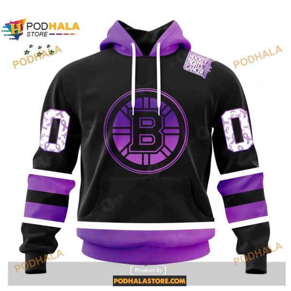 Custom NHL Boston Bruins Black Hockey Fights Cancer Shirt Hoodie 3D