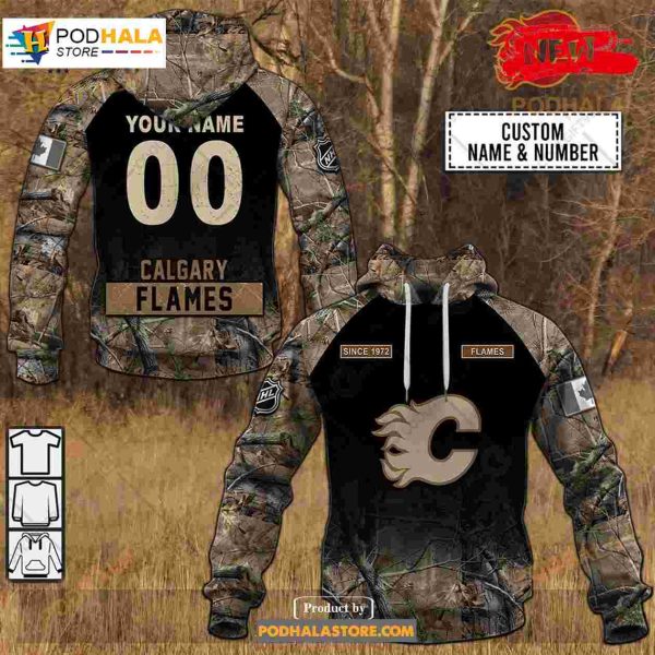 Custom NHL Calgary Flames Hunting Camouflage Design Hoodie Sweatshirt Shirt 3D