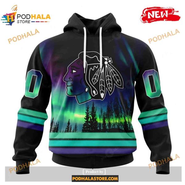 Custom NHL Chicago Blackhawks With Northern Lights Shirt Hoodie 3D