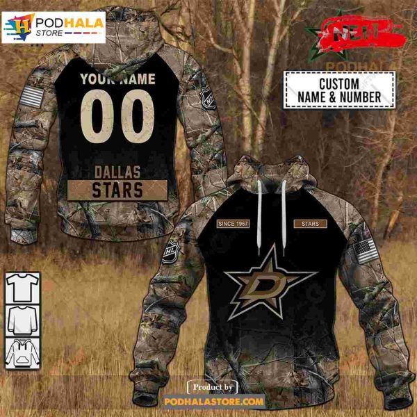 Custom NHL Dallas Stars Hunting Camouflage Design Hoodie Sweatshirt Shirt 3D