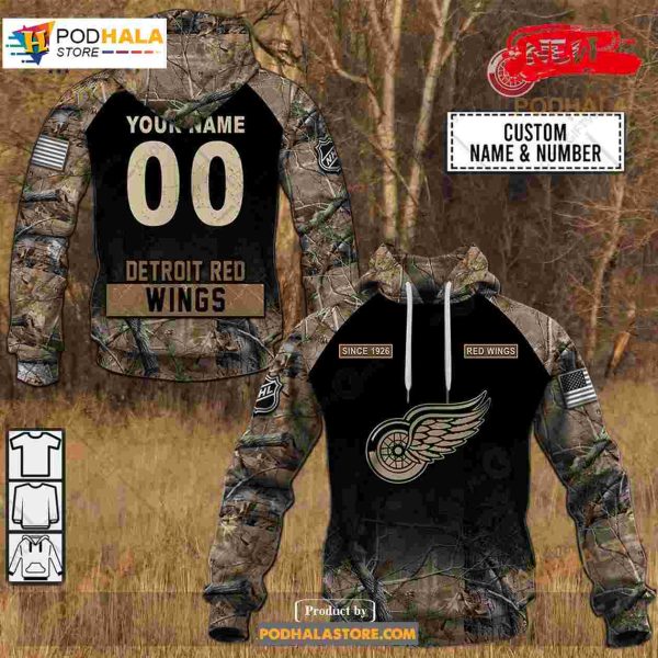 Custom NHL Detroit Red Wings Hunting Camouflage Design Hoodie Sweatshirt Shirt 3D