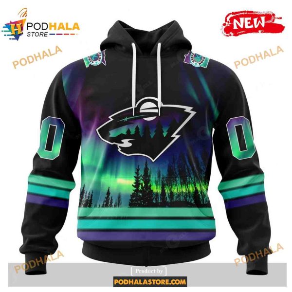 Custom NHL Minnesota Wild With Northern Lights Shirt Hoodie 3D