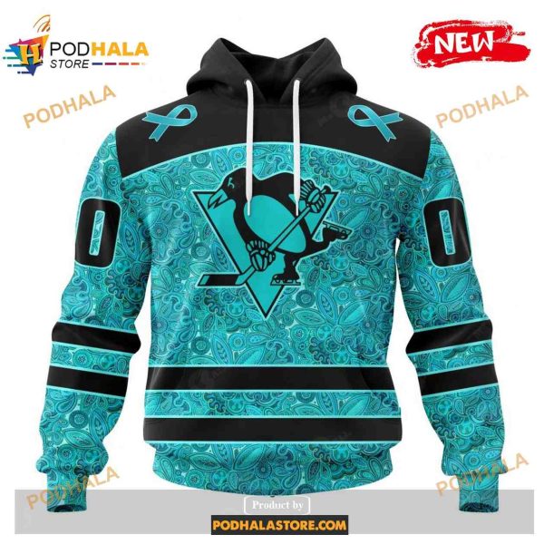 Custom NHL Pittsburgh Penguins Blue Design Fight Ovarian Cancer Shirt Hoodie 3D