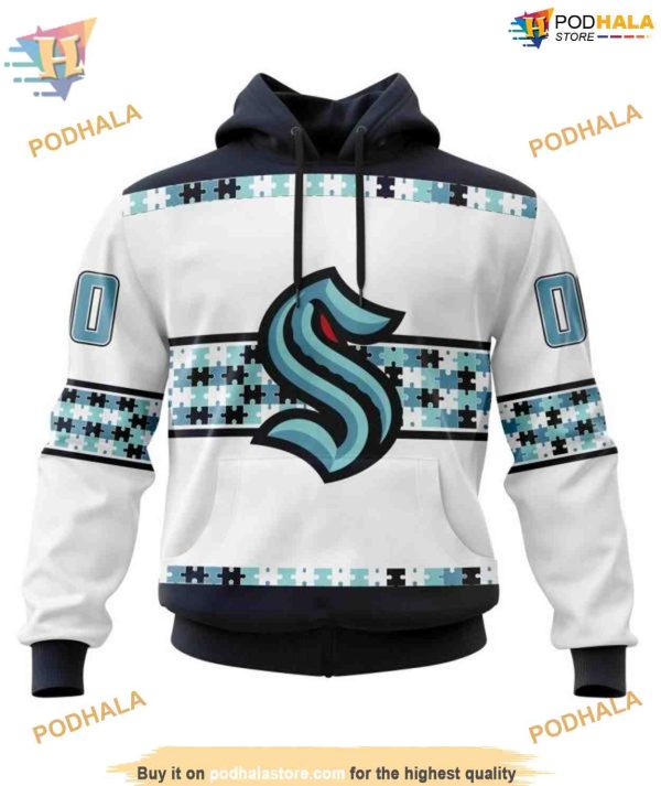 Custom Name And Number Autism Awareness NHL Seattle Kraken Hoodie 3D