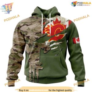 Custom Name And Number Camo Skull Design NHL Calgary Flames Hoodie 3D