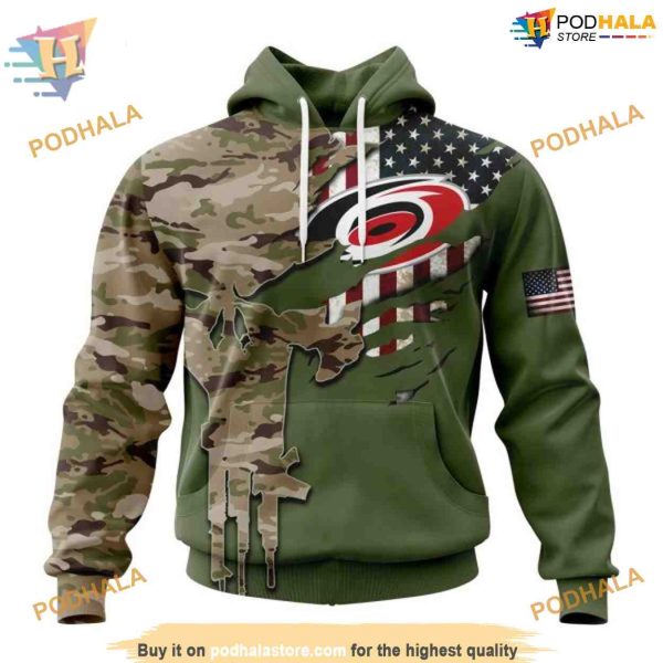 Custom Name And Number Camo Skull Design NHL Carolina Hurricanes Hoodie 3D