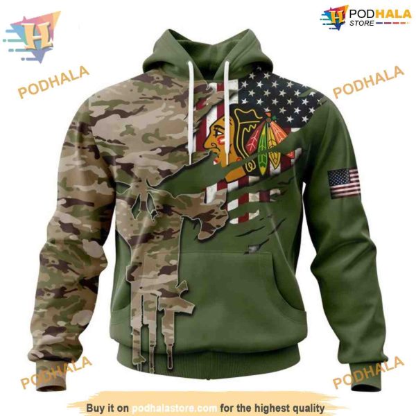 Custom Name And Number Camo Skull Design NHL Chicago Blackhawks Hoodie 3D