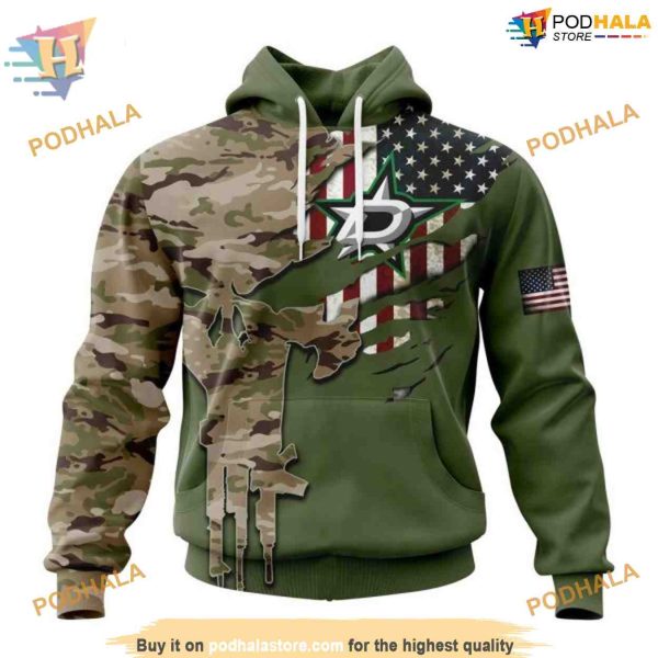 Custom Name And Number Camo Skull Design NHL Dallas Stars Hoodie 3D