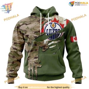 Custom Name And Number Camo Skull Design NHL Edmonton Oilers Hoodie 3D