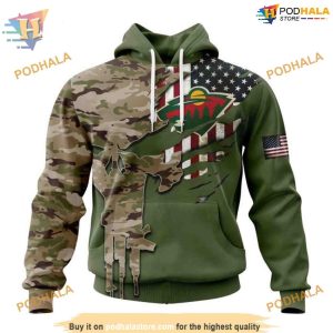 Custom Name And Number Camo Skull Design NHL Minnesota Wild Hoodie 3D