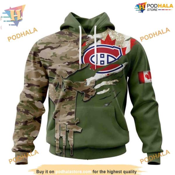 Custom Name And Number Camo Skull Design NHL Montreal Canadiens Hoodie 3D