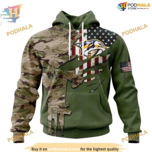 Custom Name And Number Camo Skull Design NHL Nashville Predators Hoodie 3D