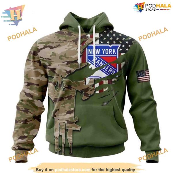 Custom Name And Number Camo Skull Design NHL New York Rangers Hoodie 3D