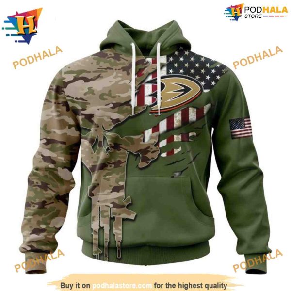 Custom Name And Number NHL Special Camo Skull Design Anaheim Ducks Hoodie 3D