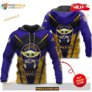 Custom Name Baltimore Ravens New Baby Yoda Sports NFL Hoodie 3D