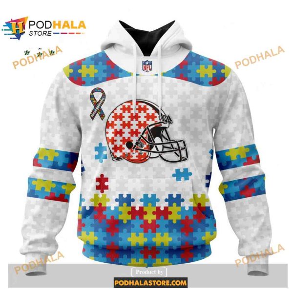 Custom Name Cleveland Browns Autism Puzzle Game White Shirt NFL Hoodie 3D