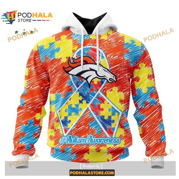 Custom Name Denver Broncos Autism Puzzle Game Stripes Design Shirt NFL Hoodie 3D