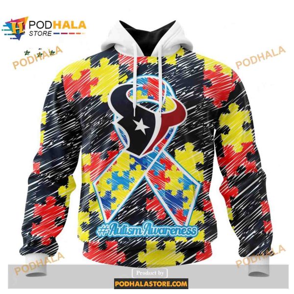 Custom Name Houston Texans Autism Puzzle Game Stripes Design Shirt NFL Hoodie 3D