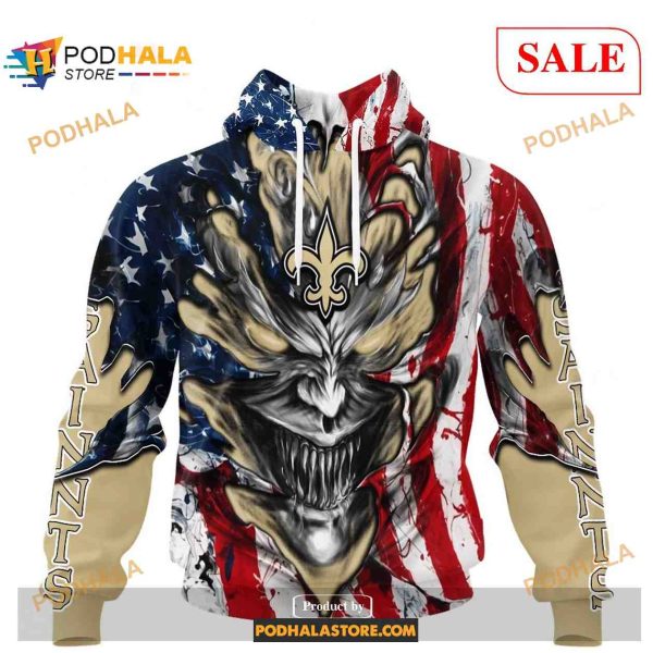 Custom New Orleans Saints Demon Face American Flag Shirt NFL Hoodie 3D