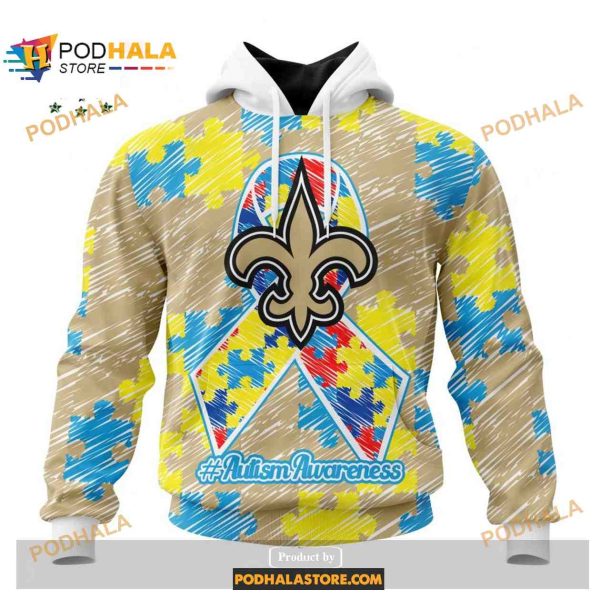 Custom New Orleans Saints Special Autism Puzzle Game Stripes Design NFL Hoodie 3D