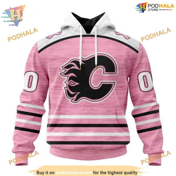 Custom Pink Fight Breast Cancer Design NHL Calgary Flames Hoodie 3D