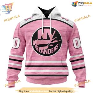 Custom Pink Fight Breast Cancer Design NHL New York Islanders Hoodie 3D