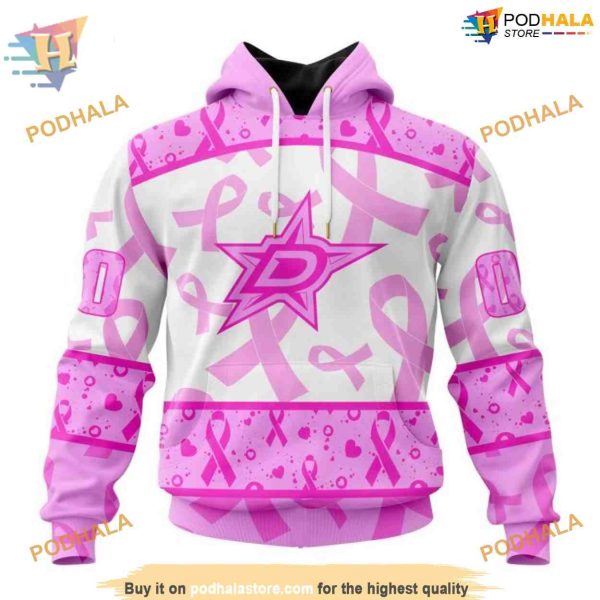 Custom Pink October Breast Cancer Awareness Month NHL Dallas Stars Hoodie 3D