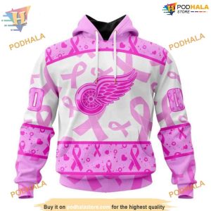 Custom Pink October Breast Cancer Awareness Month NHL Detroit Red Wings Hoodie 3D