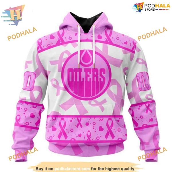 Custom Pink October Breast Cancer Awareness Month NHL Edmonton Oilers Hoodie 3D