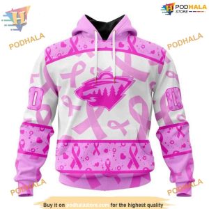 Custom Pink October Breast Cancer Awareness Month NHL Minnesota Wild Hoodie 3D