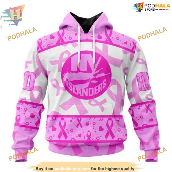 Custom Pink October Breast Cancer Awareness Month NHL New York Islanders Hoodie 3D