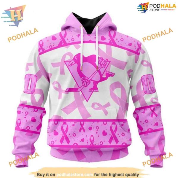 Custom Pink October Breast Cancer Awareness Month NHL Pittsburgh Penguins Hoodie 3D