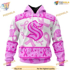 Custom Pink October Breast Cancer Awareness Month NHL Seattle Kraken Hoodie 3D