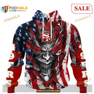 Custom San Francisco 49ers Demon Face American Flag Shirt NFL Hoodie 3D