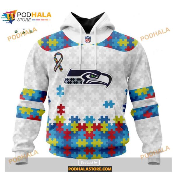 Custom Seattle Seahawks Special Autism Puzzle Game White Shirt NFL Hoodie 3D