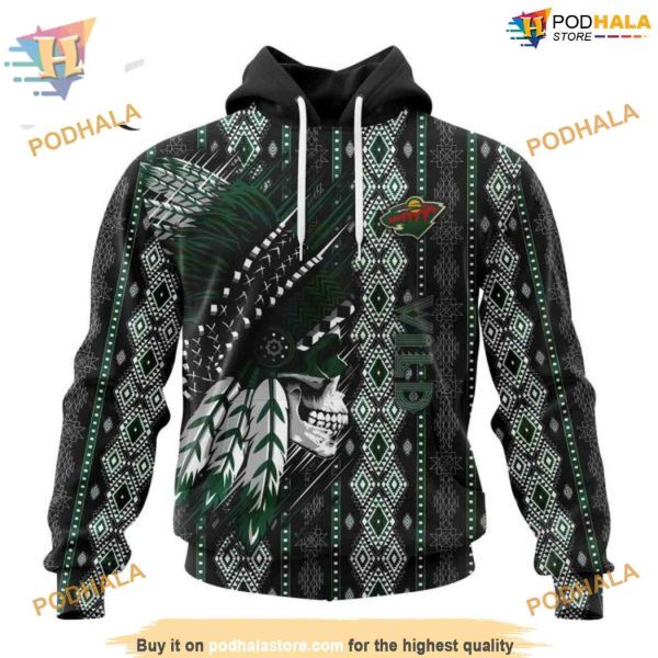 Custom Skull Native Design NHL Minnesota Wild Hoodie 3D