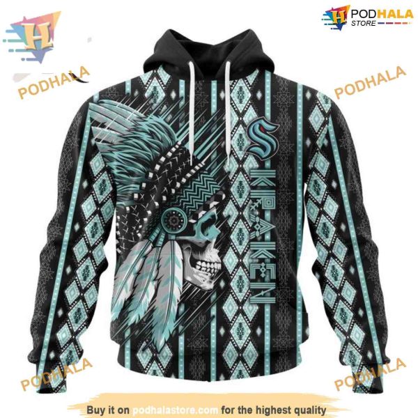 Custom Skull Native Design NHL Seattle Kraken Hoodie 3D